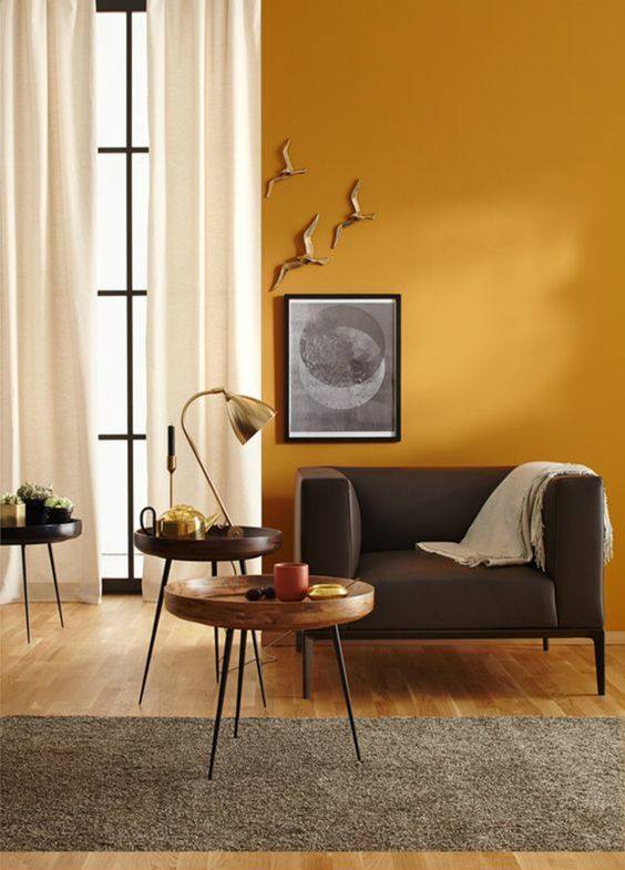 mur jaune moutarde fauteuil marron rideau blanc 